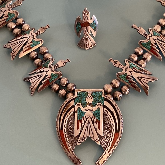 Silver Handmade Vintage Squash Blossom Necklace, Bracelet, Ring - Picture 15 of 16